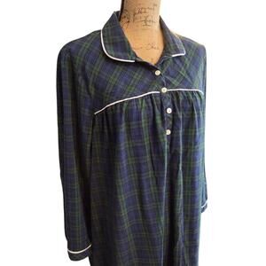 L.L. Bean flannel long collared cottagecore plaid night gown blue tartan LP